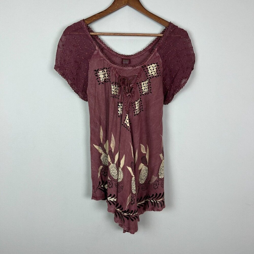 Jackpot‎ Tunic Top Womens OS One Size Fits Most Embroidered Lace Up Sheer Floral